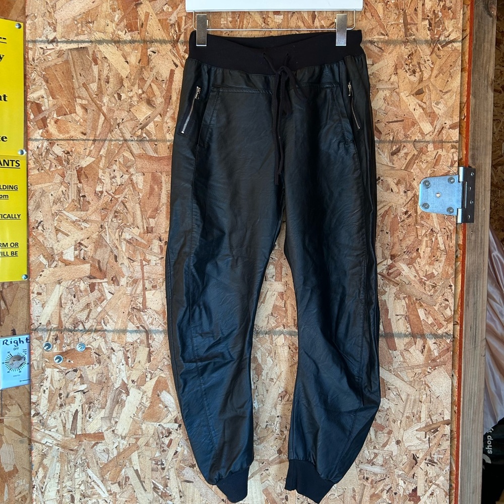 Black Faux-Leather Jogger Track Pants